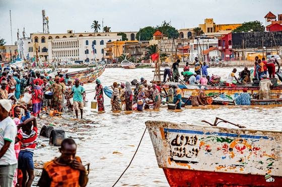 Retour de pêche sur une plage animée, entre pirogues et foule