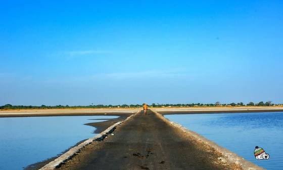 Digue au milieu d’une étendue d’eau bleue