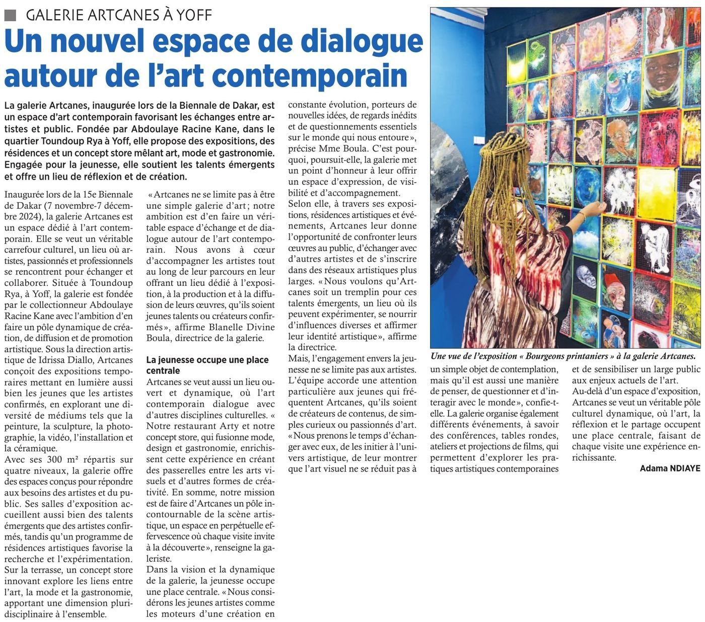 Le Soleil, jeudi 20 mars 2025, page 25 (Culture) — « Un nouvel espace de dialogue autour de l’art contemporain », par Adama Ndiaye